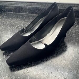 Vintage Stuart Weitzman Black Satin Crystal Strap Pointed Toe Kitten Heel 9.5 M